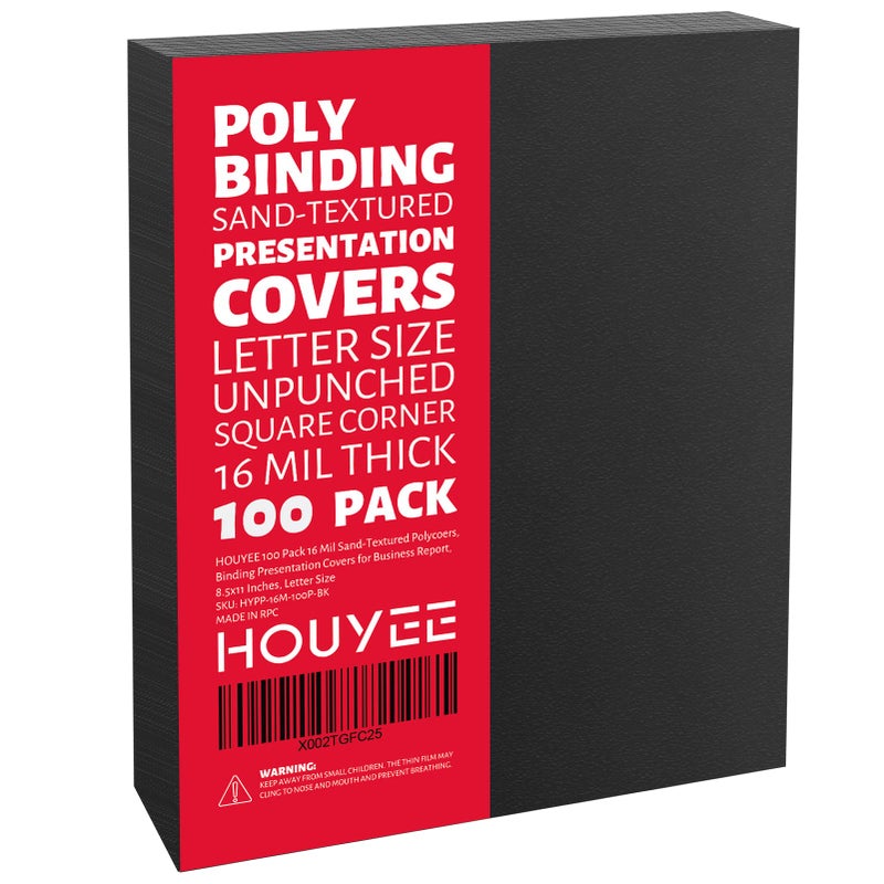 HOUYEE 100 Pack 16 Mil Poly Binding Covers,Sand Texture Binding Presentation Covers,8.5x11 Inches,Letter Size,Black,Square Corners,Un-Punched - Image 1
